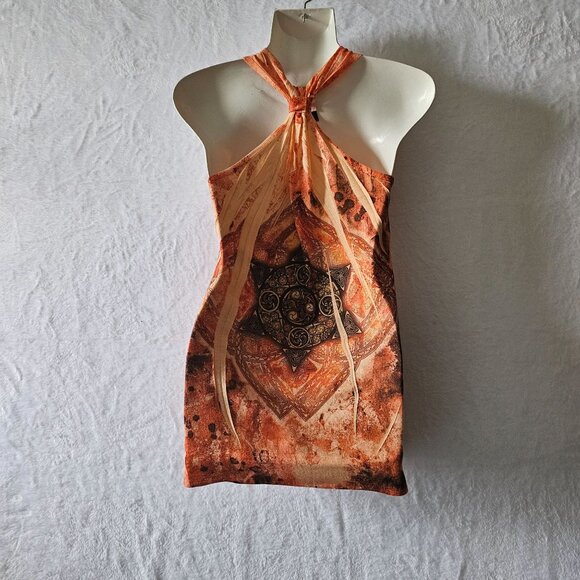 Vintage Orange Geometric Tribal Print Sleeveless Racerback Top Women's Large - Picture 7 of 11